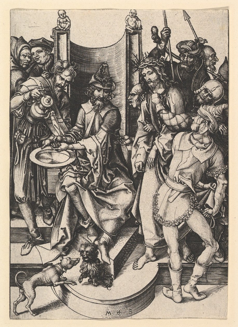 Pilatus vasker hendene, ca. 1435-1491. av Martin Schongauer