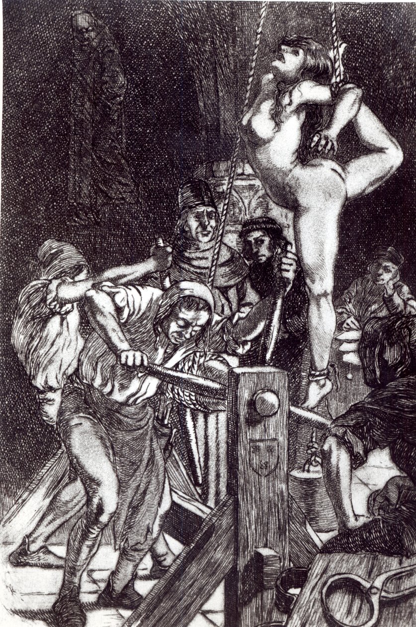 Punishment of a Witch, litho fra 1911 av Martin van Maele
