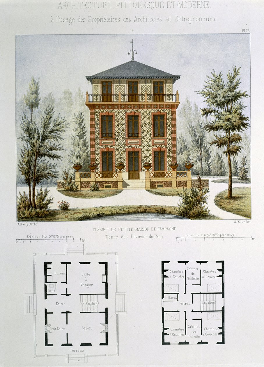 Prosjekt for et lite landsted nær Paris, gravert av Walter, plate 12 fra 'Architecture Pittoresque et Moderne' av Marty