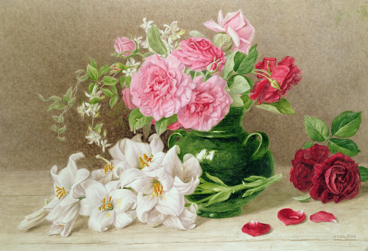 Roser og liljer (akvarell) av Mary Elizabeth Duffield