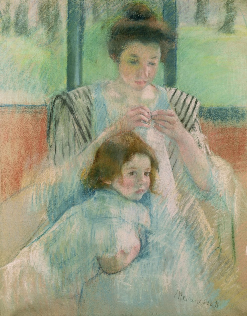 Mor og barn (pastell på papir) av Mary Cassatt