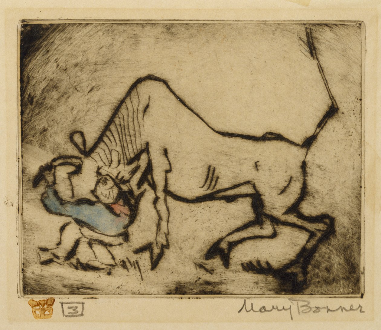 Bull-Dogging (håndfarget etsning) av Mary Bonner