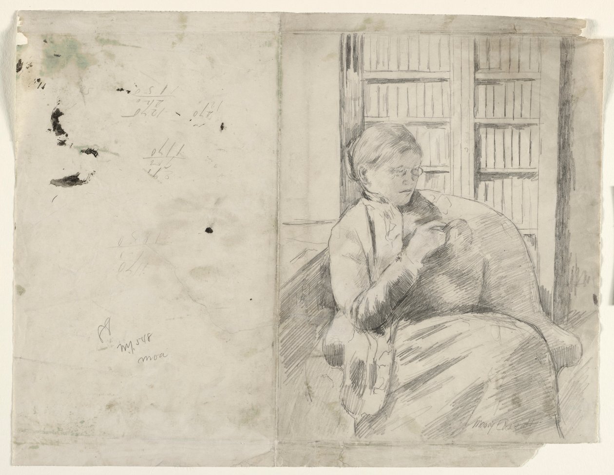 Strikking i biblioteket recto, ca. 1881. av Mary Cassatt