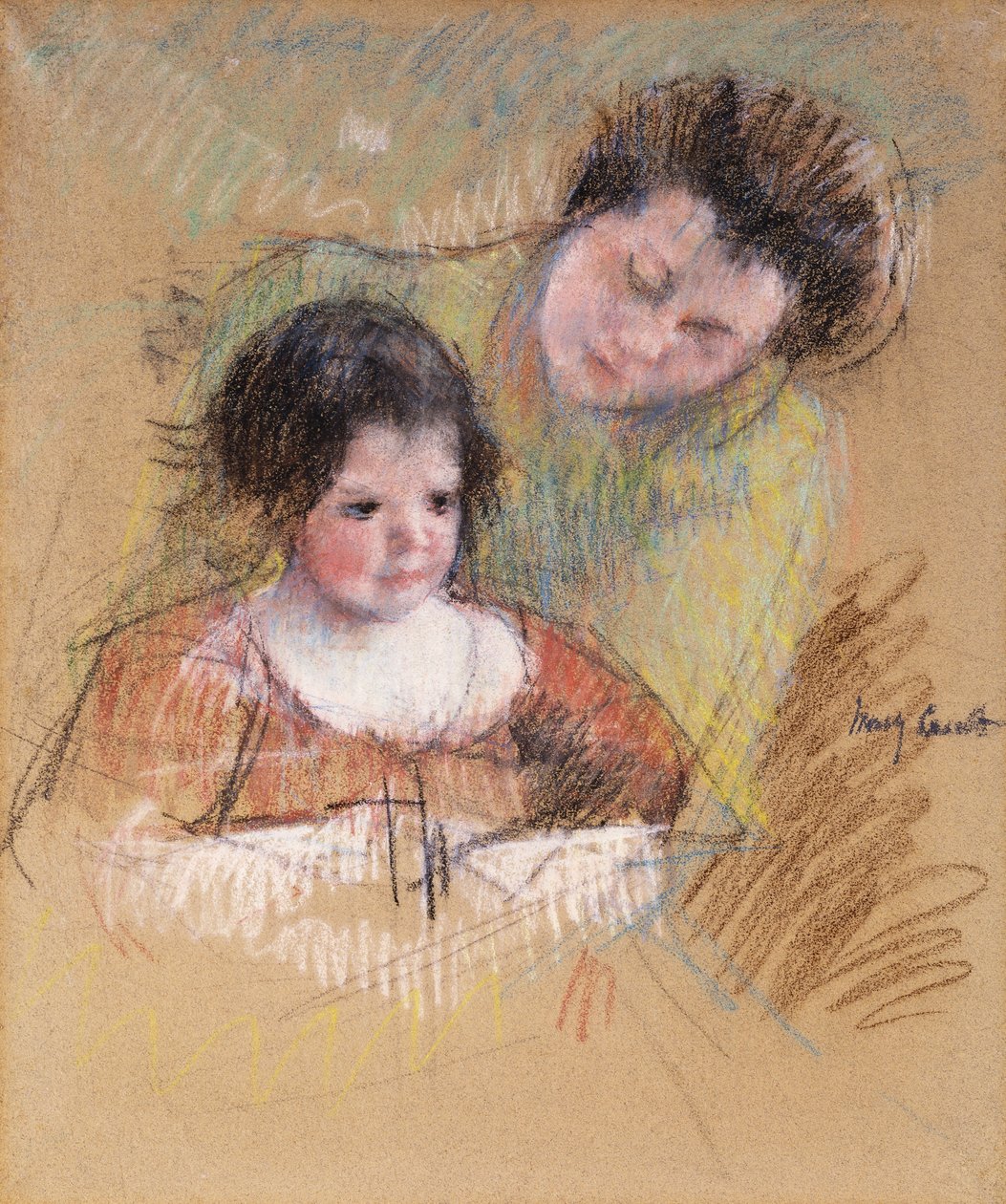 Reine lener seg over Margots skulder, av Mary Cassatt