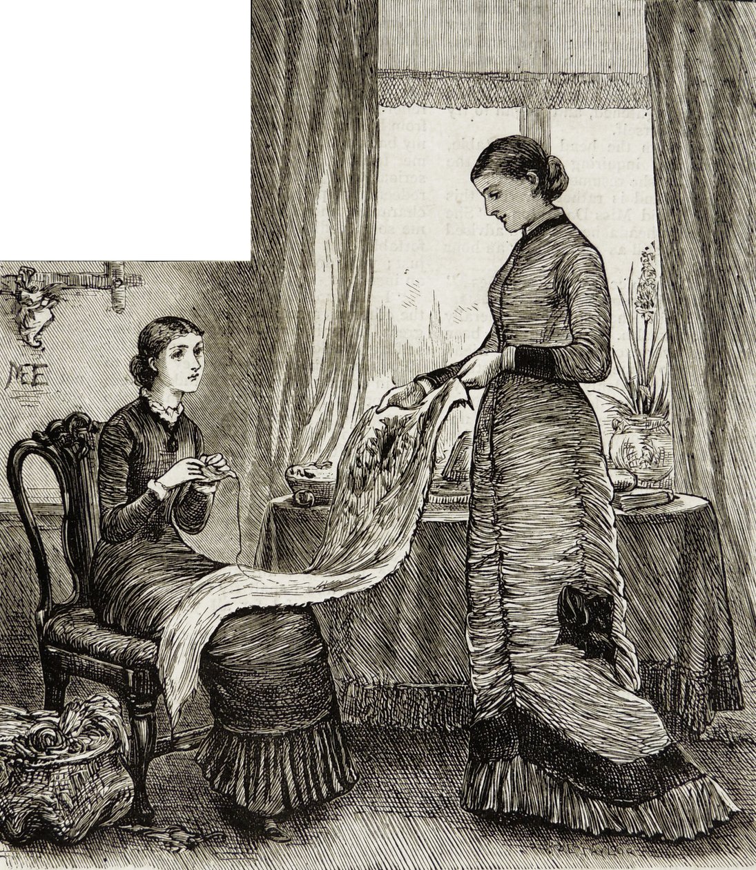 Ung kvinne som beundrer vennens broderi av Mary Ellen Edwards