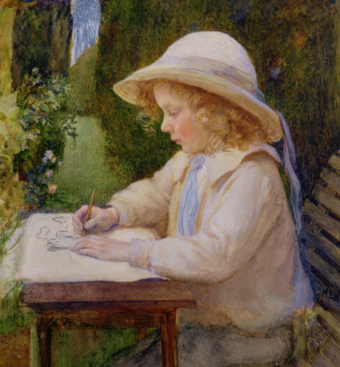 Jente tegner på et hagebord (studie) av Mary Harcourt