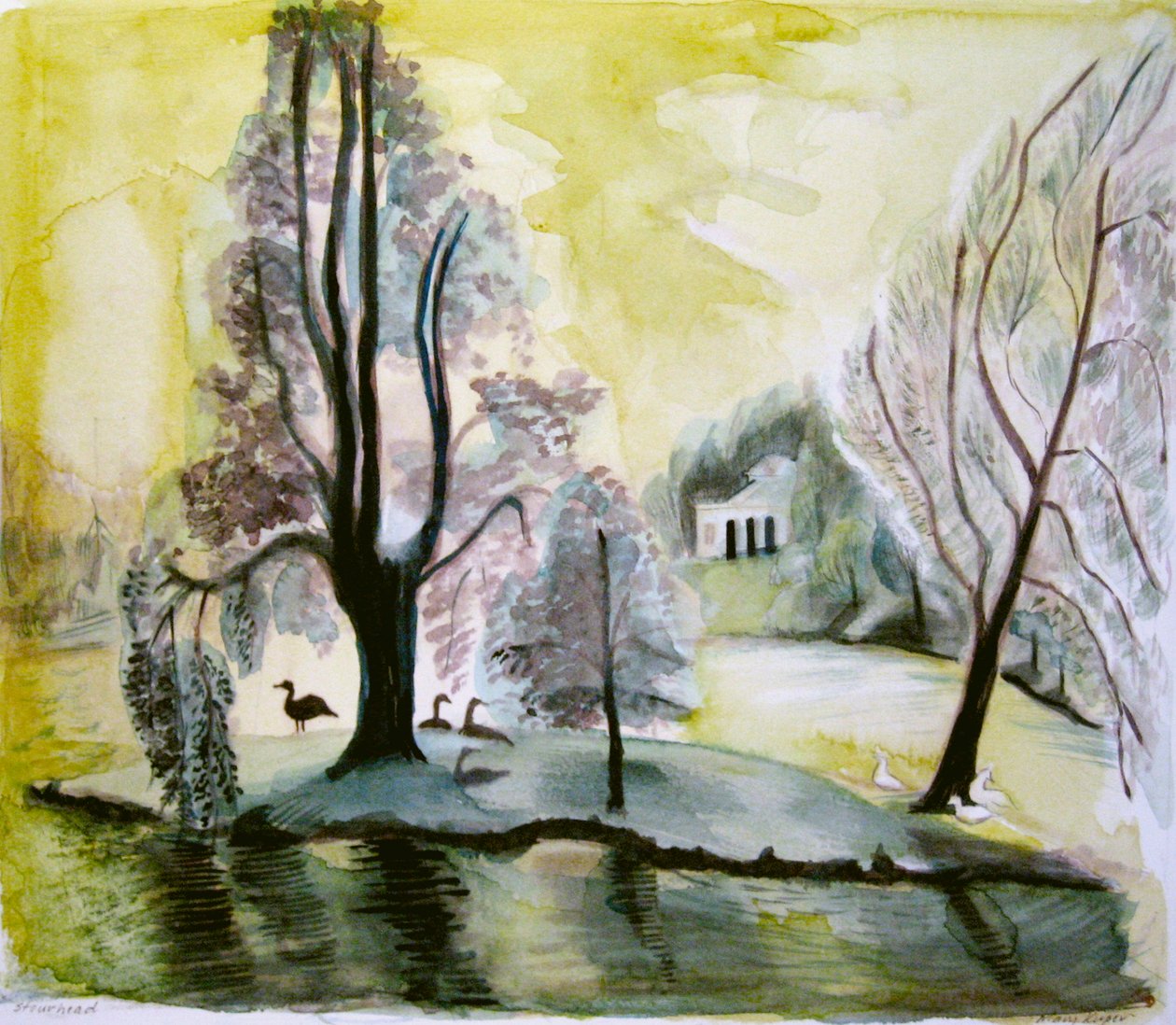 Stourhead, kveldssjø, 2006 (akvarell) av Mary Kuper