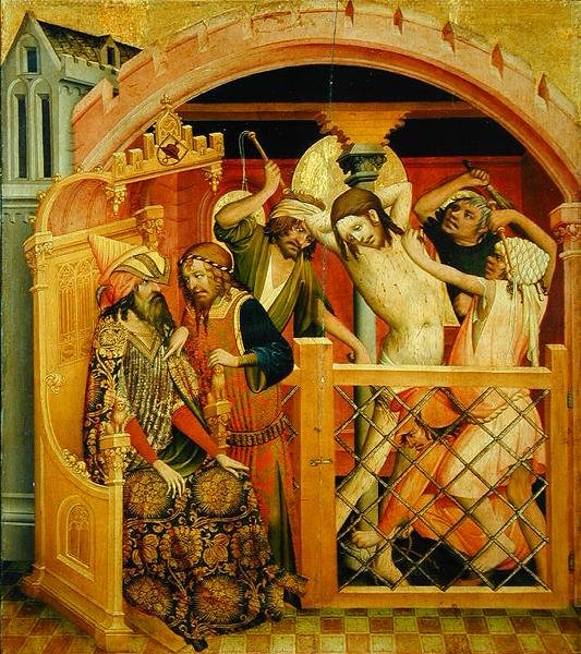 The Flagellation of Christ, panel fra St. Thomas-alteret fra St. Johns Church i Hamburg, startet i 1424 (tempera og olje på panel) av Master Francke Master Francke