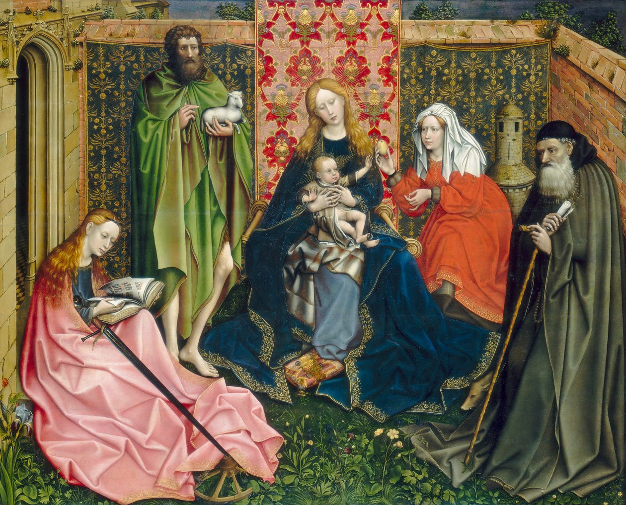 Madonna og barn med hellige i den lukkede hagen, ca. 1440-60 av Master of Flémalle