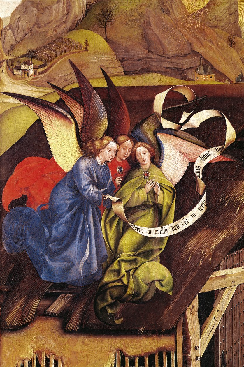 Nativity, detalj av tre engler, ca. 1425 (detalj av 128673) av Master of Flémalle