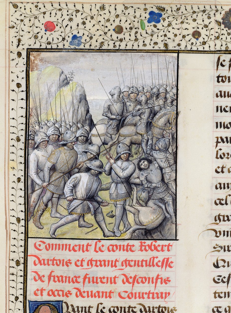 Ms 659 f.137 r. Den flamske beseirer den franske hæren i slaget ved Golden Spurs nær Courtrai i 1302, 1477 av Master of Mary of Burgundy