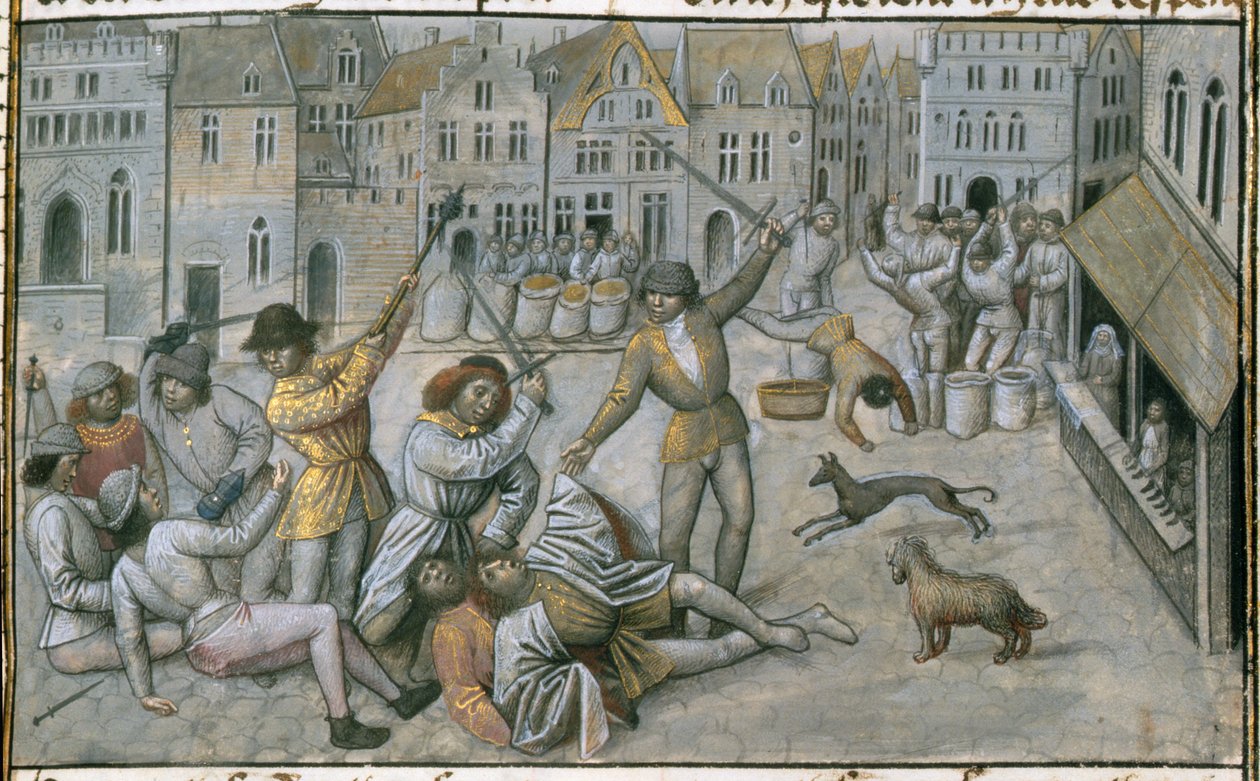 Ms 659 fol.226r Familien Artevelde. Gatekamp i Gent, 1477 vellumdetalj av 270533 av Master of Mary of Burgundy