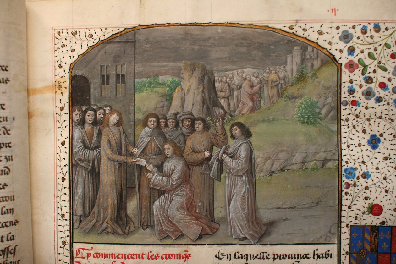 Ms 659 fol.2r Charlemagne navngir den første greven av Flandern, 1477 vellumdetalj av 282597 av Master of Mary of Burgundy