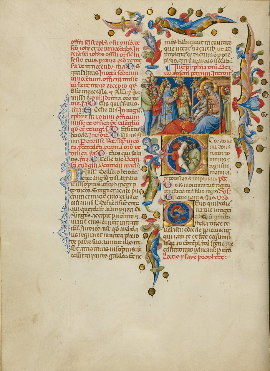 Tilbedelsen av magi; Initial E: Sverdbærere av Master of the Brussels Initials