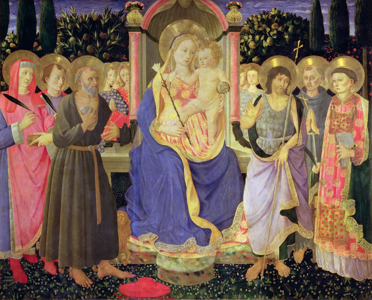 Madonna og barn tronet med helgener (altertavle) (panel) av Master of the Buckingham Palace Madonna