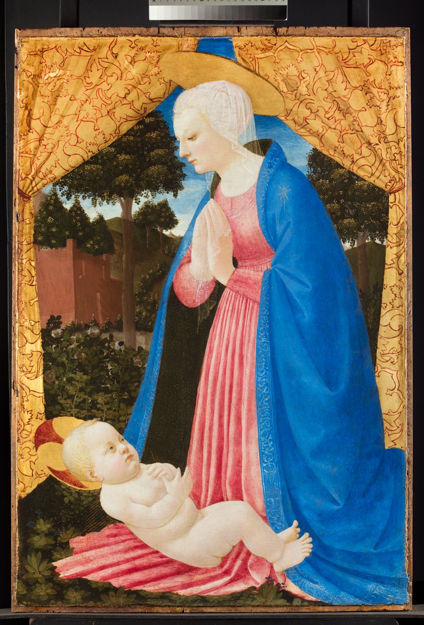 Virgin adoring the Child, sent på 1400-tallet (tempera med oljeglasur og gull på panel) av Master of the Castello Nativity
