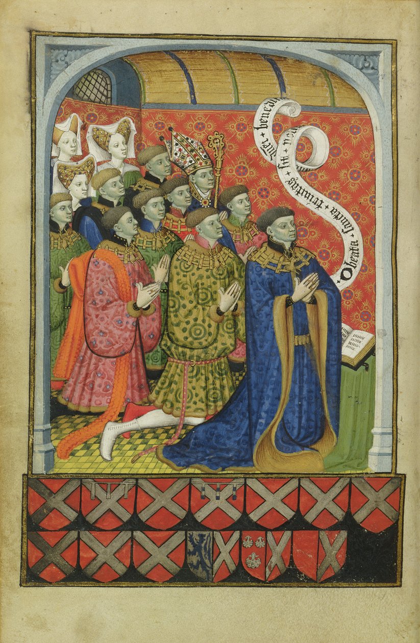 Lat 1158 f.27v Neville-familien ved bønn, fra Nevilles timebok, 1430-35 av Master of the Munich Golden Legend