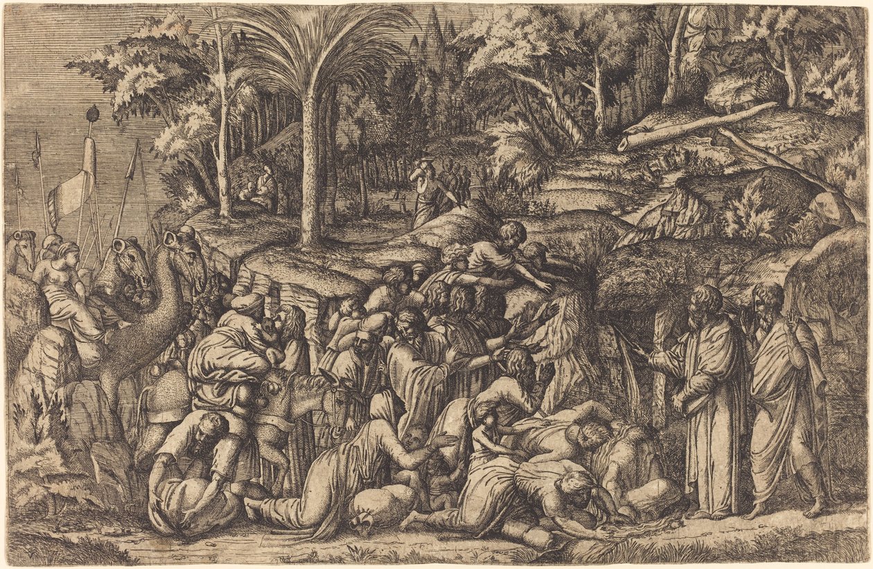 Moses slår klippen av Master IV after Francesco Primaticcio