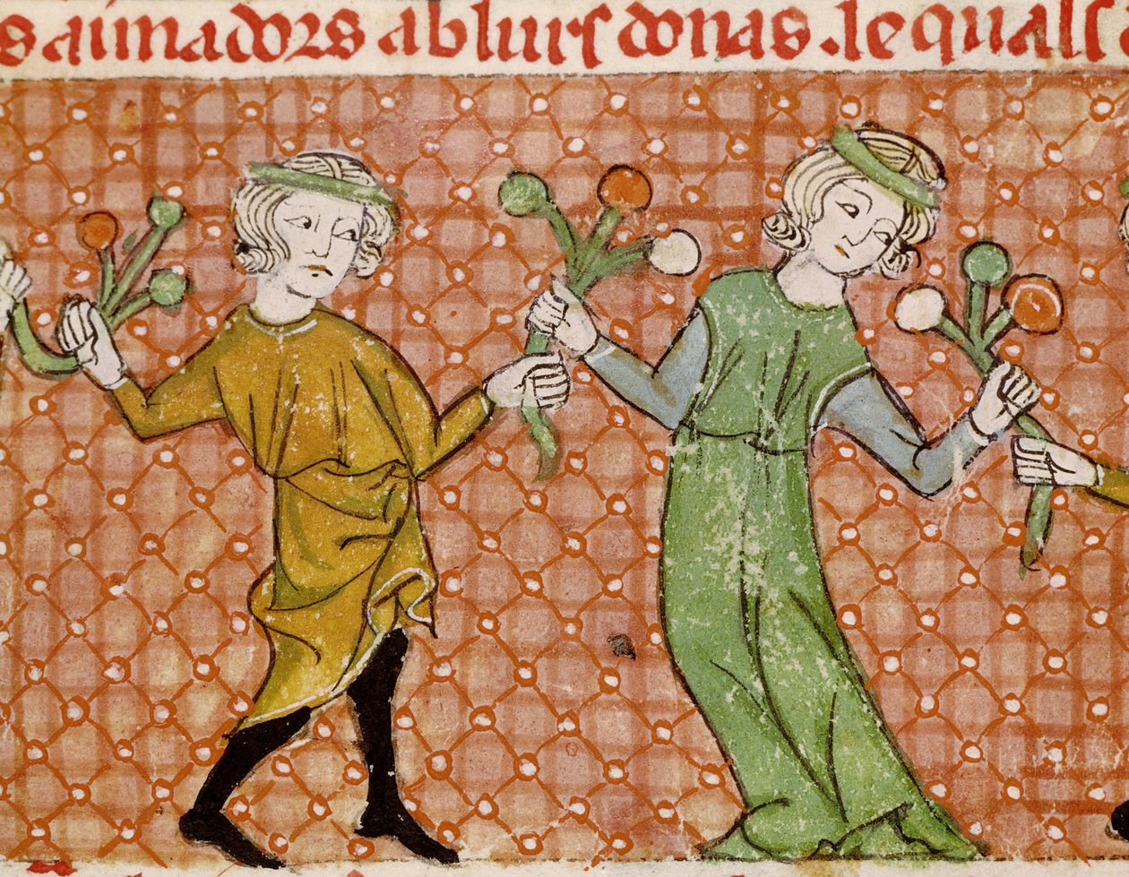 Fol.215v The Temptation: A Dancing Couple av Matfre Ermengaut