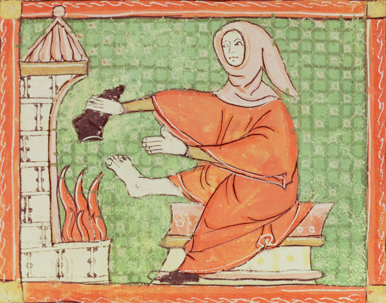 Fol.58r februar: Warming by the Fire (Vellum) av Matfre Ermengaut