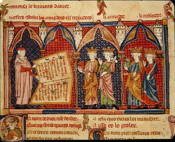Fol.5v Mester Ermengaut presenterer sin bok for fire konger av Matfre Ermengaut