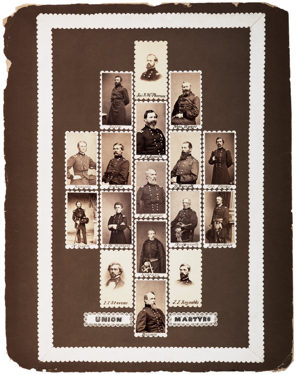 Union Martyrs, fotografier av unionsgeneraler drept under krigen (maquette), ca. 1864 (sepia-bilde) av Mathew B. Brady