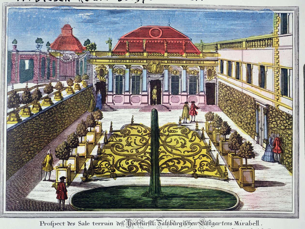The Gardens of the Mirabelle Park, Salzburg, Østerrike, gravert av Karl Remshardt (1678-1735) ca. 1720 (fargegravering) av Mathias Diesel