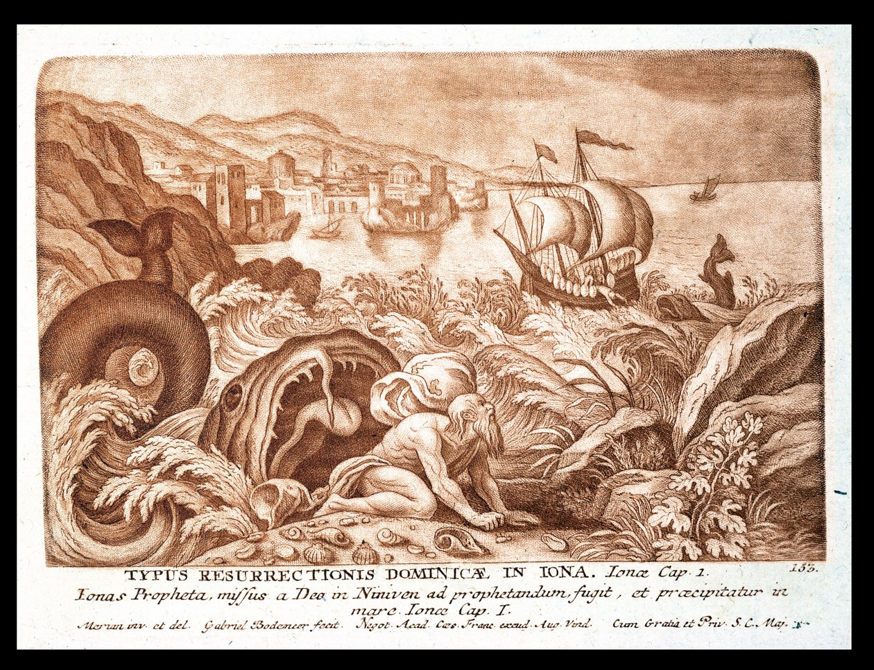 Jonah and the Whale, illustrasjon fra en bibel, gravert av Gabriel Bodeneer (1673-1766) (sepiagravering) av Mattaus the Younger Merian