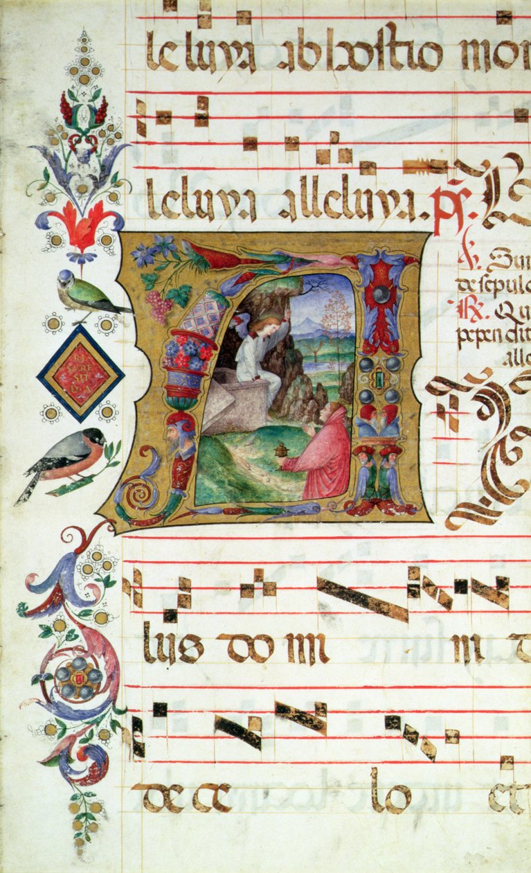 Historikert initial A som viser Maria Magdalena ved Kristi grav av Matteo da Milano Matteo da Milano