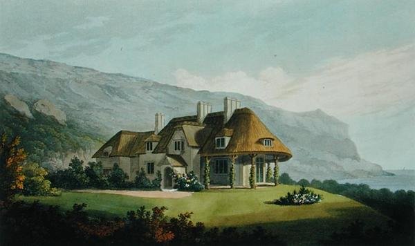 Strandvilla med stråtak for James Vine Esq., på Puckaster, Isle of Wight, fra Villa Architecture: en samling utsikter, med planer, av bygninger utført i England og Skottland, av Robert Lugar, pub av Matthew Dubourg