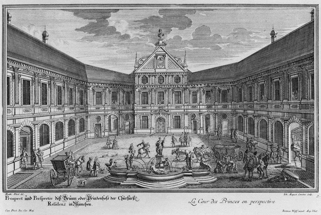 Palace i München, Tyskland, gravert av Johann August Corvinus av Matthias Diesel