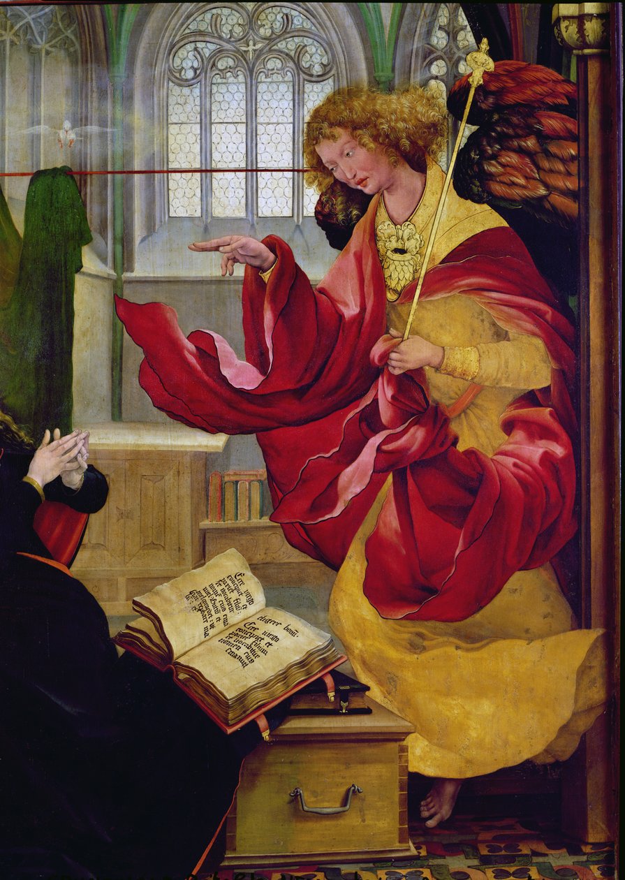 Erkeengel Gabriel, detalj fra bebudelsen fra Isenheim-altertavlen, ca. 1512-16 av Matthias Grünewald