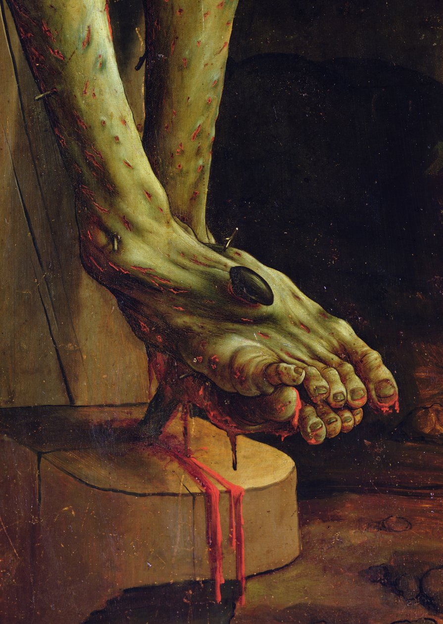Detalj av Kristi fot fra korsfestelsesscenen til Isenheim-altertavlen, indre panel, ca. 1512-15, olje på panel av Matthias Grünewald