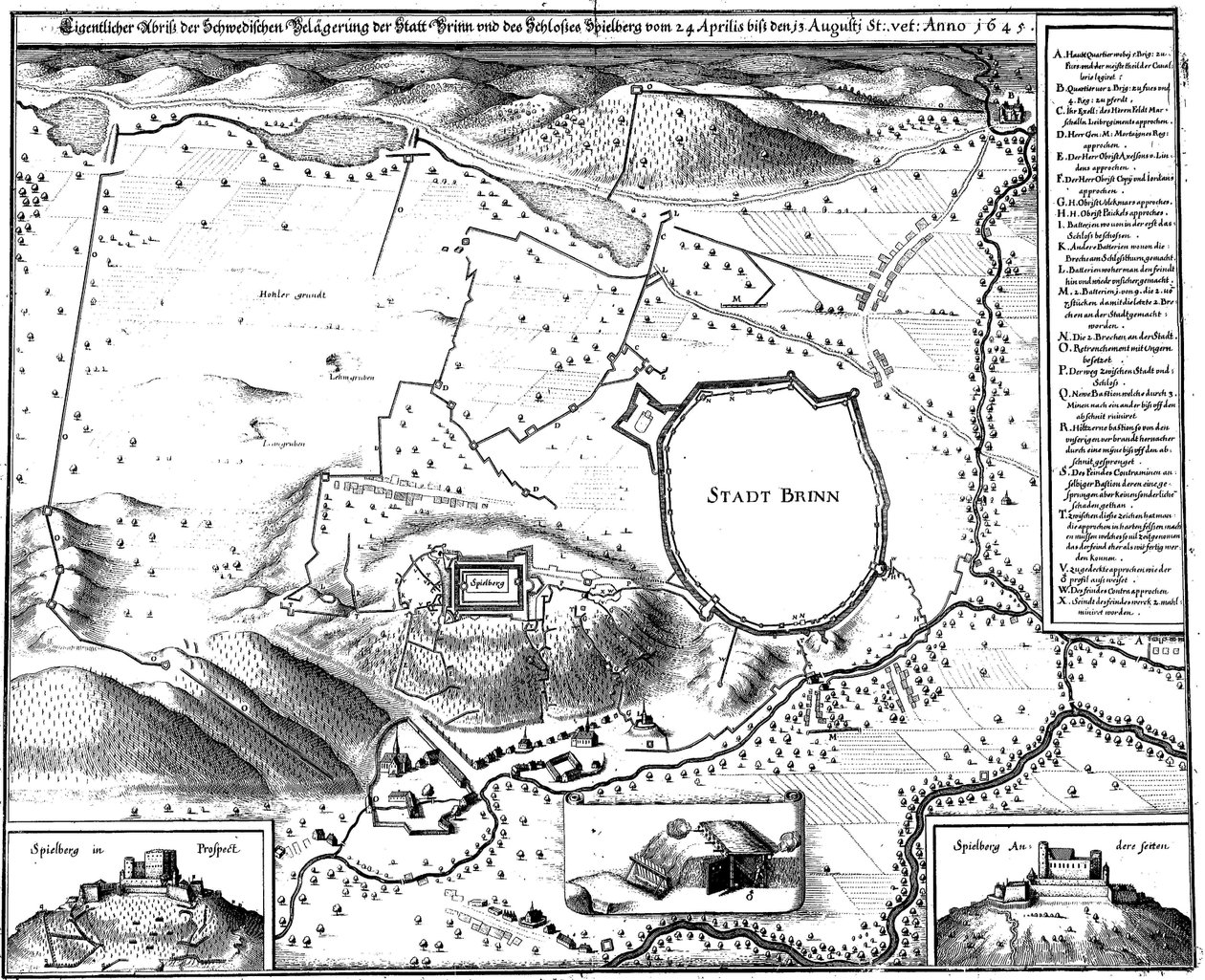 Plan over byen Brno i 1645, dvs. under beleiringen av svenskene, av Merian av Matthaus Merian