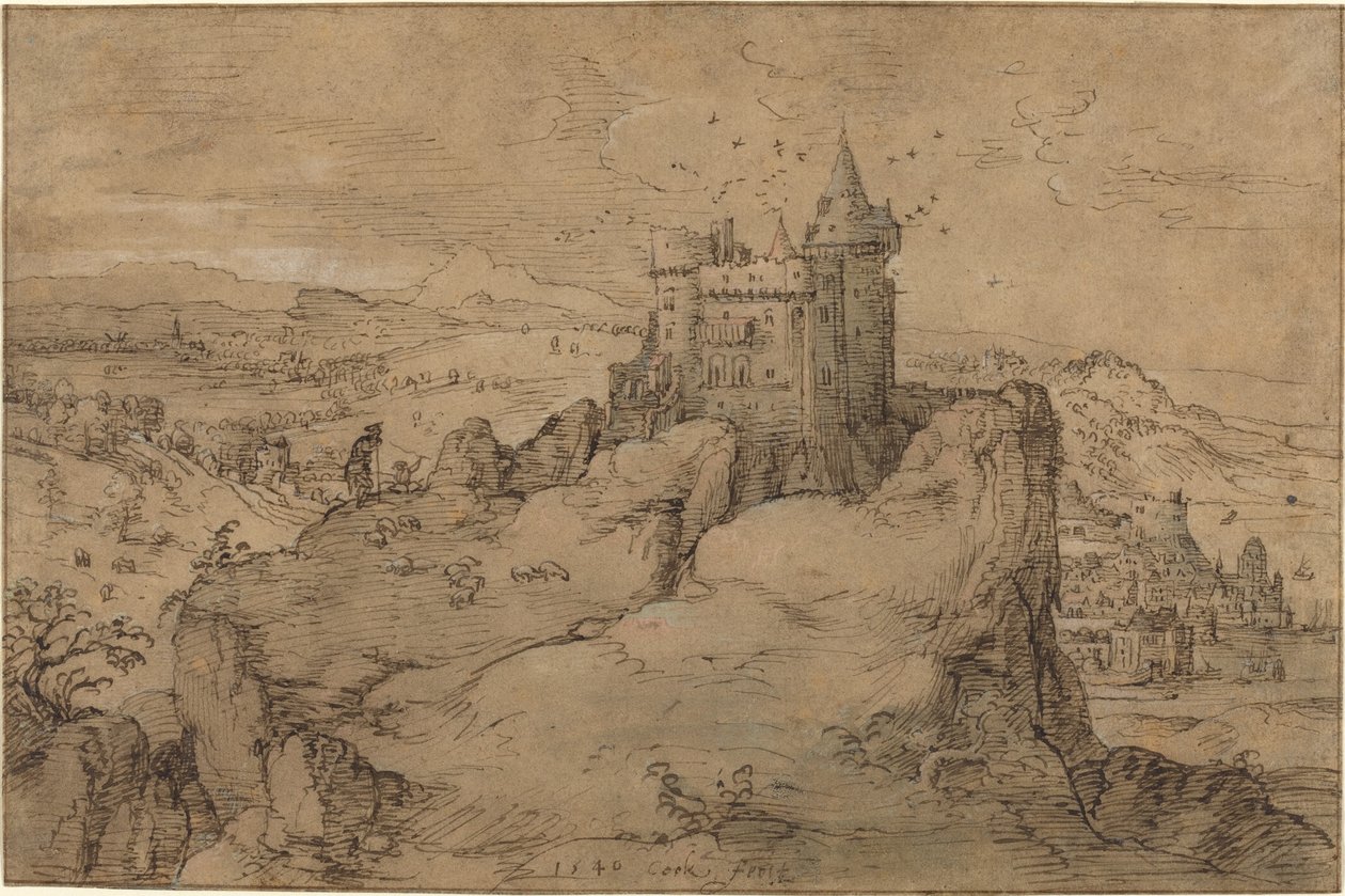 Landskap med slott over en havn av Matthys Cock