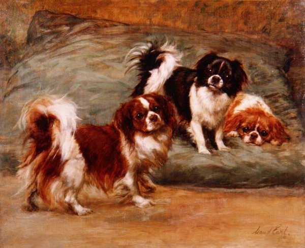 Tre King Charles Spaniels på en pute av Maud Earl