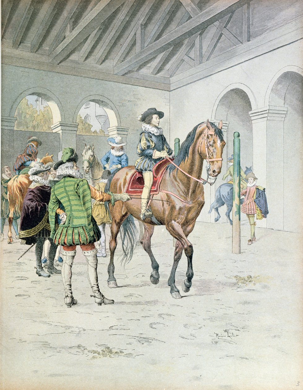 Armand-Jean du Plessis, kardinal Richelieu (1585-1642) lærer å ri på hest, illustrasjon fra Richelieus liv av Theodore Camu, 1910 av Maurice Leloir