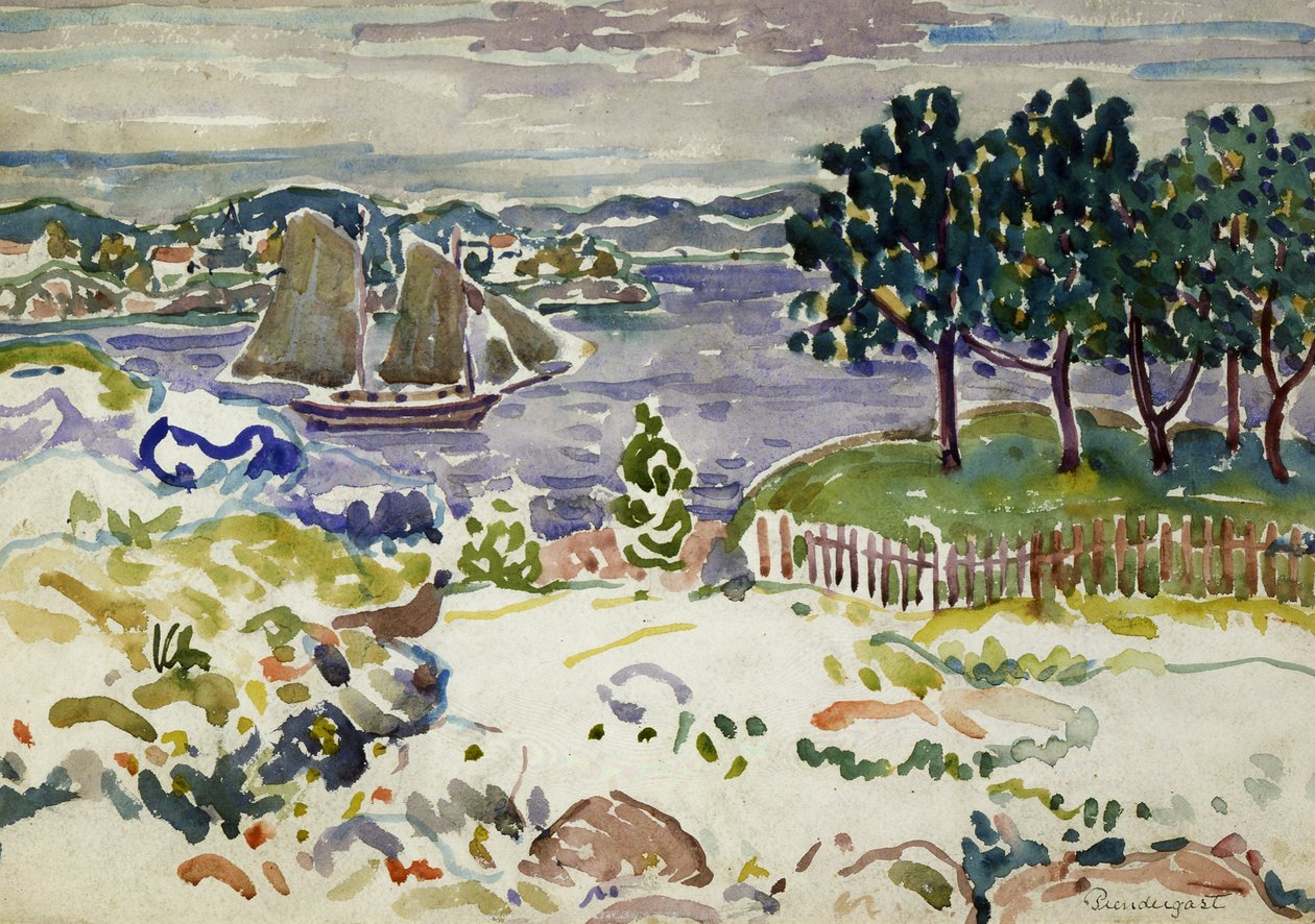 Innløp med seilbåt, Maine, ca. 1913-1915. av Maurice Brazil Prendergast
