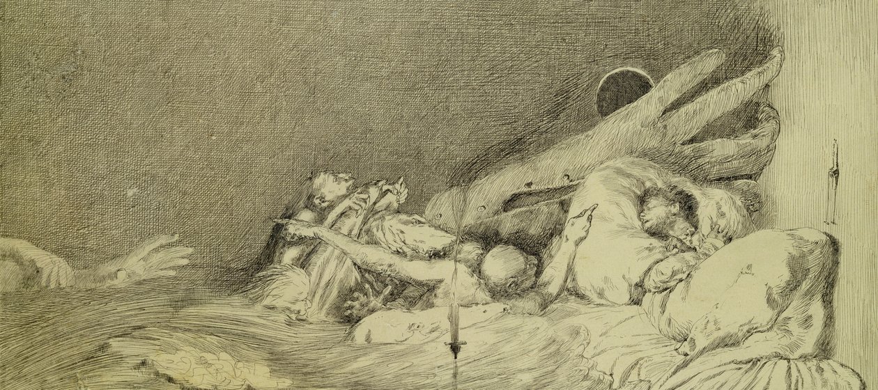 Anguish fra en serie på ti plater fra 'Paraphrase on the Discovery of a Glove', utgitt i 1881 (vasket indisk blekk og penn) av Max Klinger