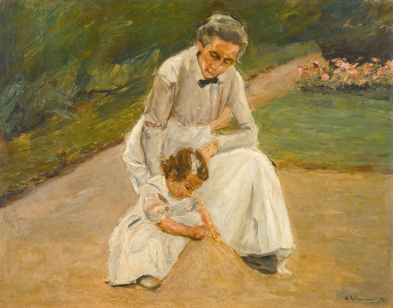 Barnebarn og barnepike leker i hagen av Max Liebermann