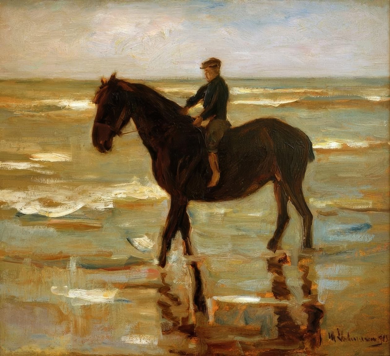 Gutt som rir på stranden - feit hest av Max Liebermann