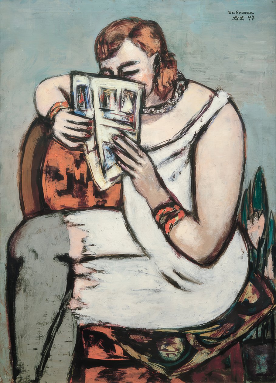 Kvinne i hvit skjorte (leser) av Max Beckmann