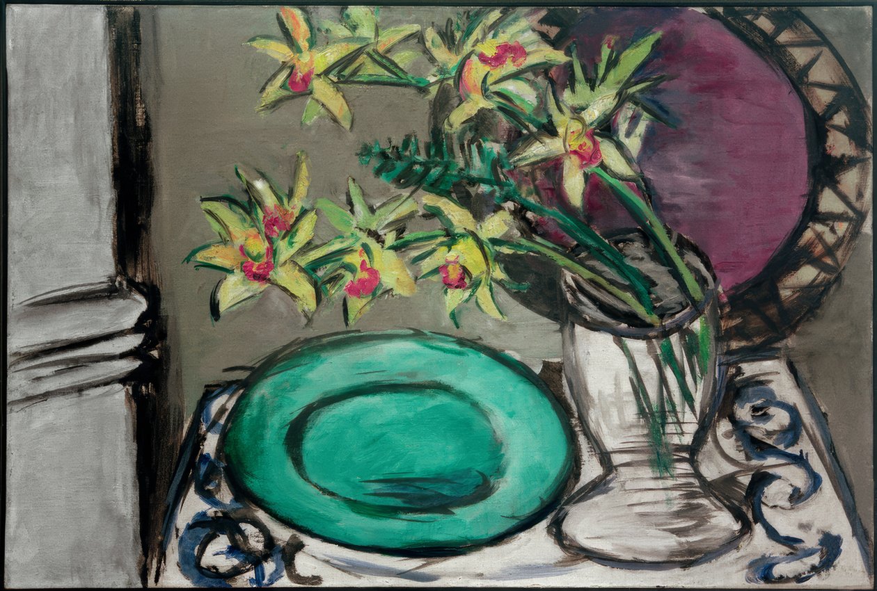 Orkideer - stilleben med grønn skål av Max Beckmann