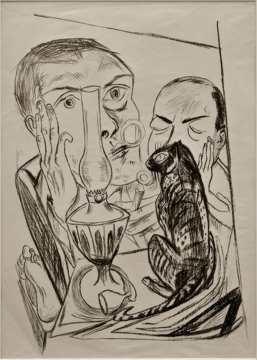Selvportrett med katt og lampe av Max Beckmann