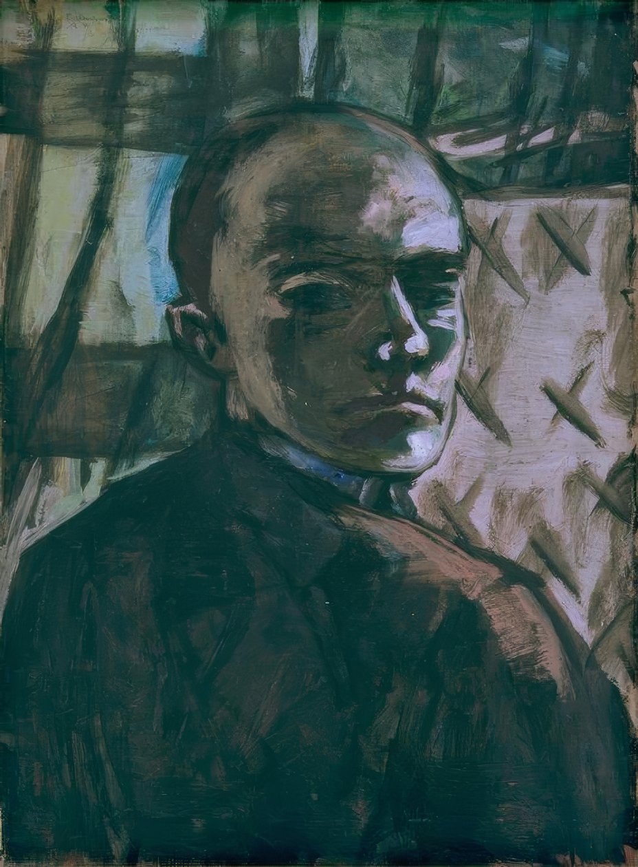 Selvportrett med grønn gardin av Max Beckmann