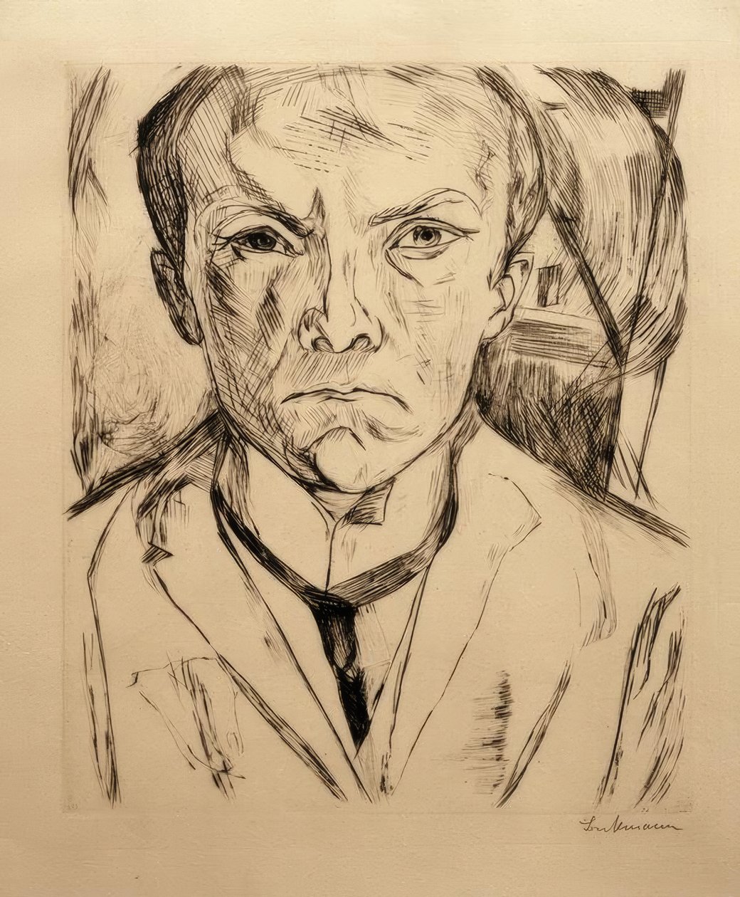 Selvportrett forfra, husgavl i bakgrunnen av Max Beckmann
