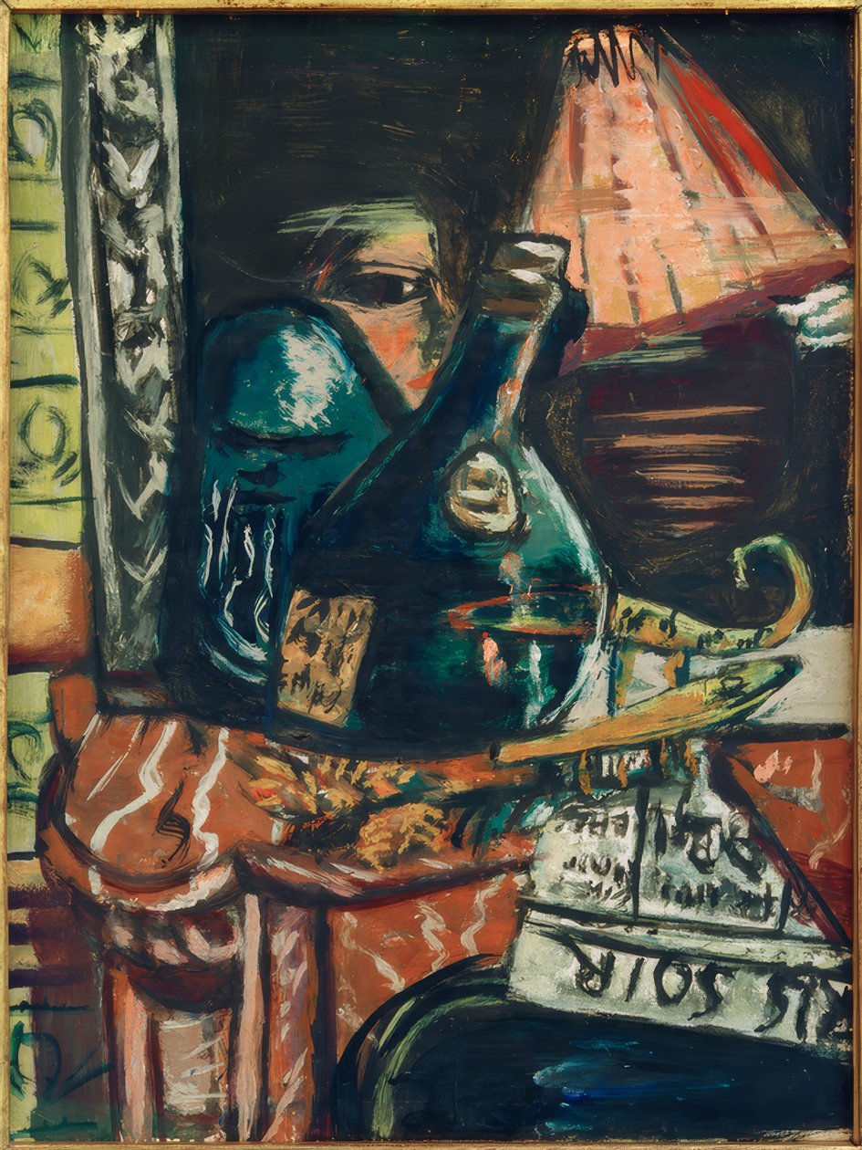 Stilleben med en skjev brennevinsflaske og Buddha av Max Beckmann
