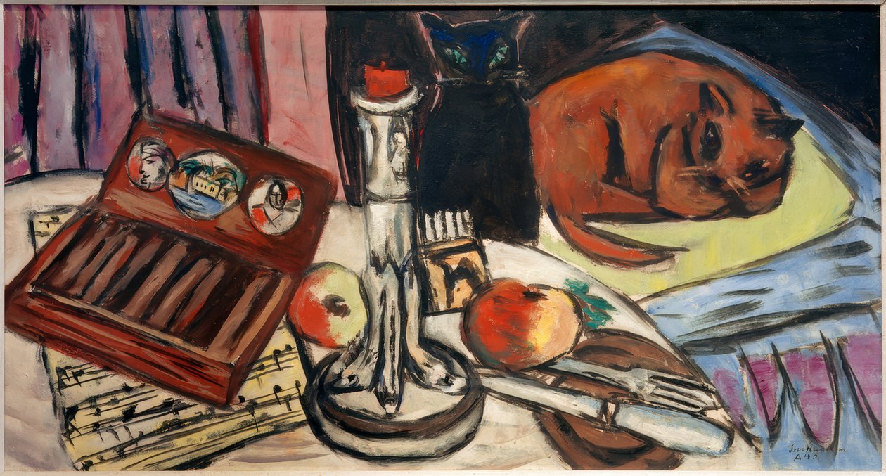 Stilleben med sølvlysestaker (stilleben med katter) av Max Beckmann