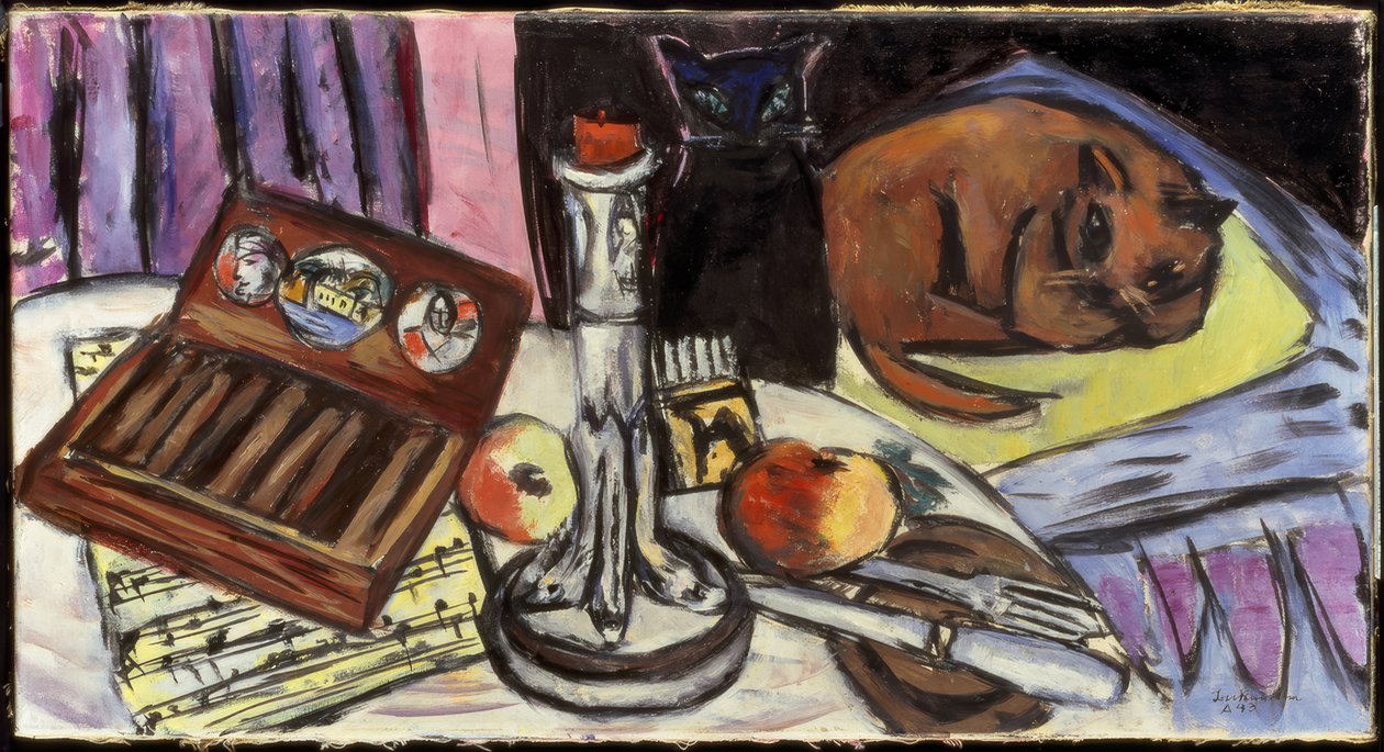 Stilleben med sølvlysestaker (stilleben med katter) av Max Beckmann