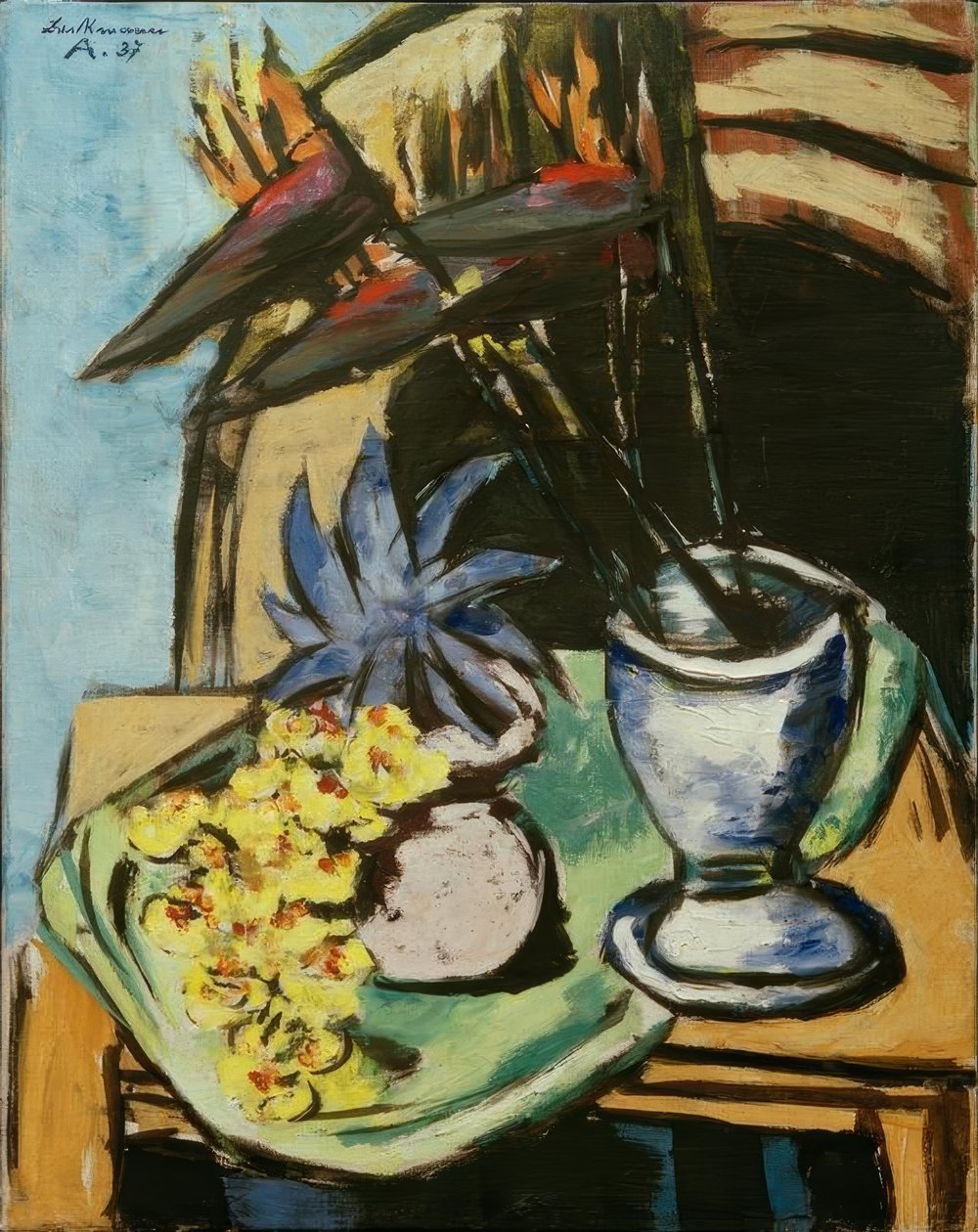 Stilleben med strelitzia og gule orkideer av Max Beckmann